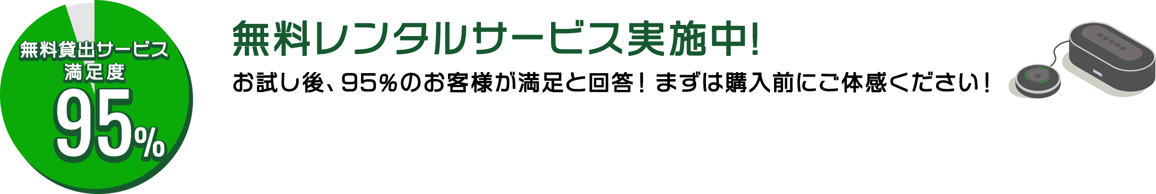 無料貸出サービス満足度95% 無料レンタルサービス実施中! お試し後、95%のお客様が満足と回答！まずは購入前にご体感ください！